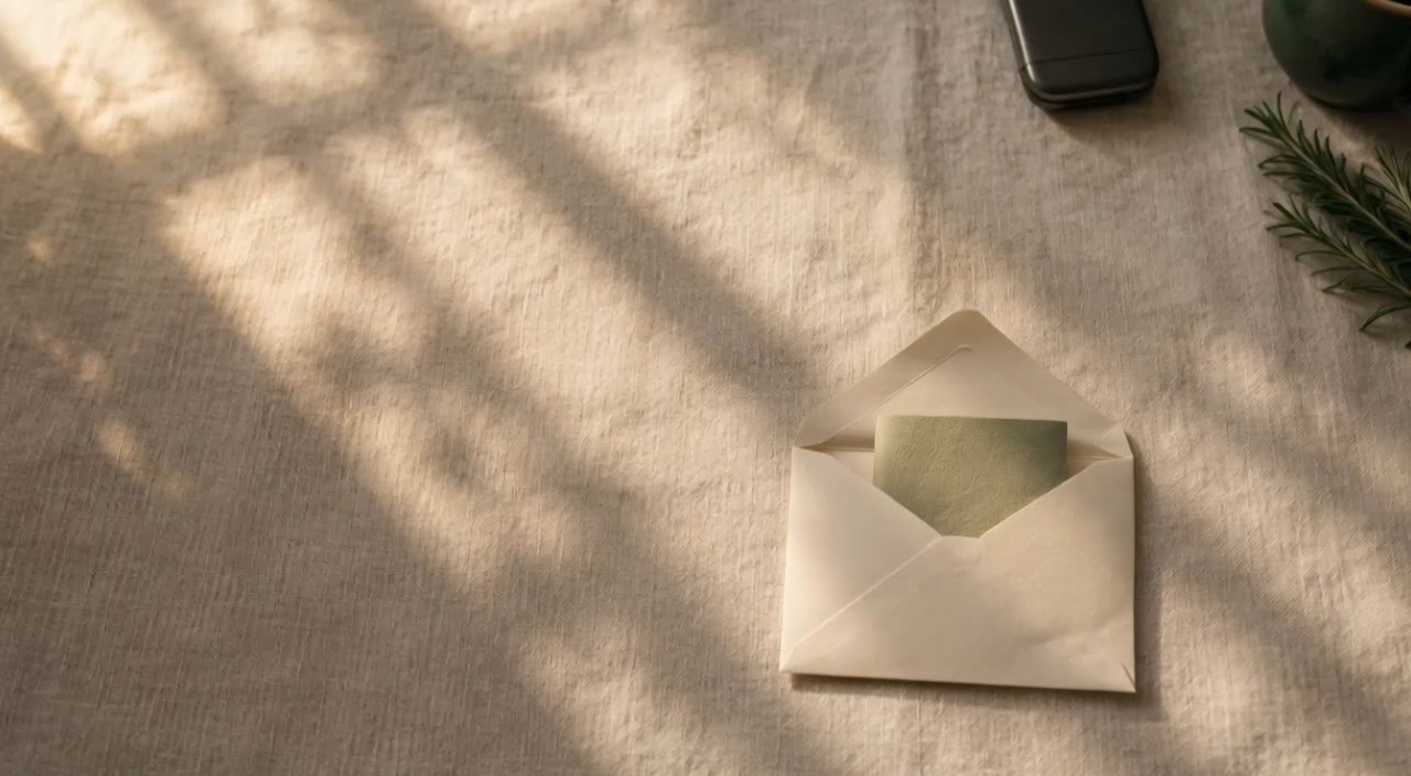 A sage green note resting inside an open envelope on a sunlit linen table, next to a closed flip phone