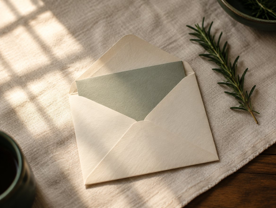 An open cream envelope with a sage note tucked inside.