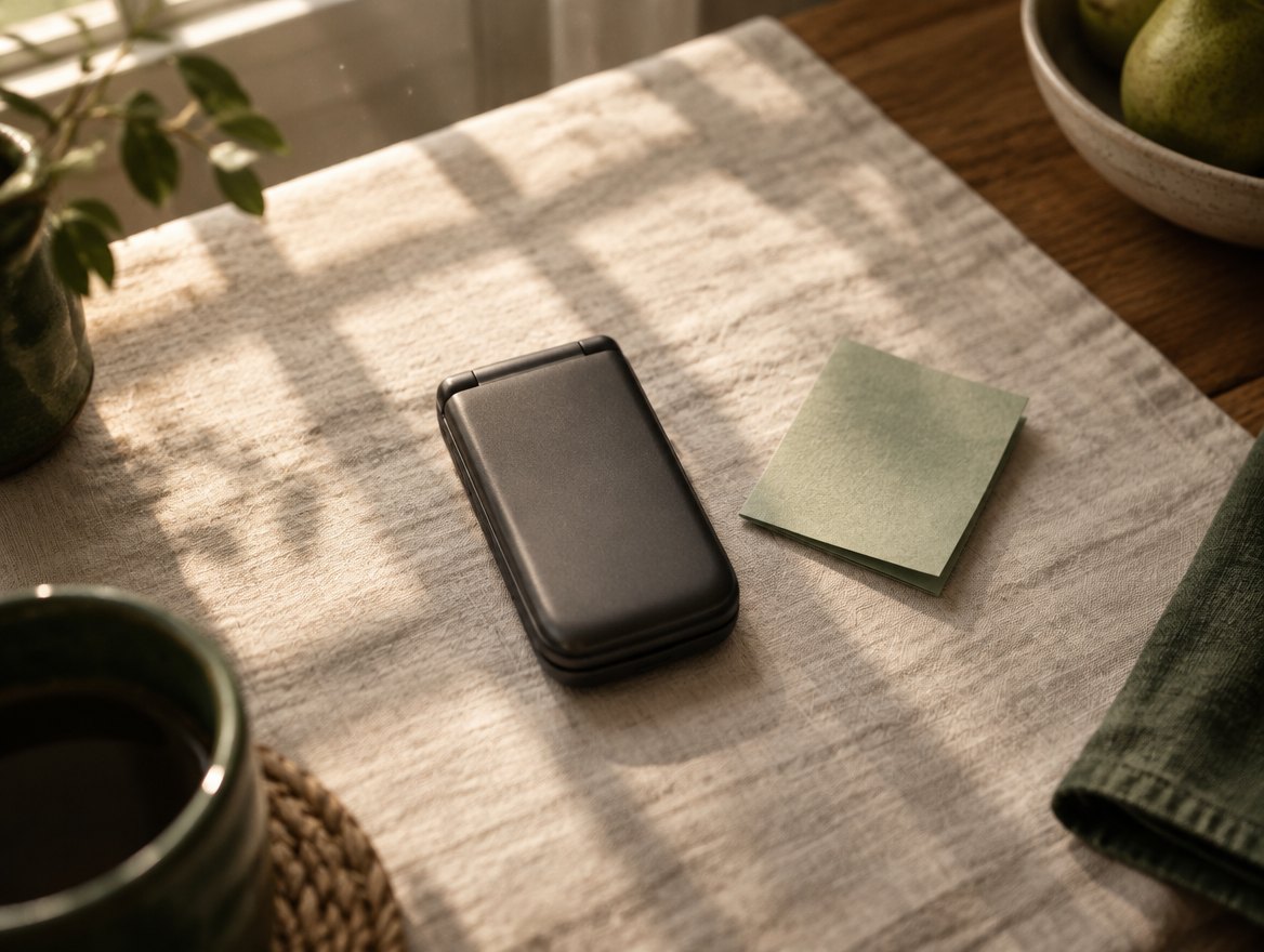 A closed flip phone on a linen table beside a folded sage note.