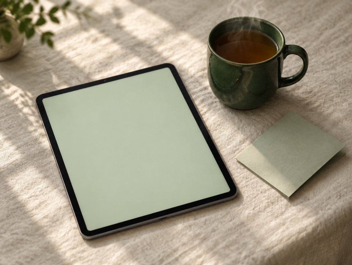 A tablet with a soft green screen next to a cup of tea.